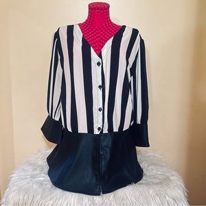 Ashley Stewart Chiffon Striped Black & White Plus Size Button Up Blouse